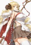  1girl ahoge anila_(granblue_fantasy) bangs blonde_hair blunt_bangs breasts brown_eyes brown_skirt cape closed_mouth commentary_request curled_horns curly_hair dress gloves granblue_fantasy grey_background holding horns large_breasts long_hair looking_at_viewer pleated_skirt red_cape simple_background skirt smile solo thighhighs very_long_hair wasabi60 white_dress white_gloves white_legwear 