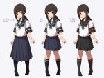  1girl adapted_costume aki_inu black_eyes black_hair black_legwear black_sailor_collar black_skirt blue_neckwear blue_sailor_collar blue_skirt character_name fubuki_(kantai_collection) grey_background kantai_collection kneehighs long_hair long_skirt low_ponytail multiple_views neckerchief pleated_skirt ponytail remodel_(kantai_collection) sailor_collar school_uniform serafuku short_ponytail sidelocks simple_background skirt standing 