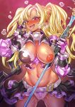  1girl ass_visible_through_thighs blonde_hair breastplate dark_skin gauntlets granblue_fantasy hand_gesture heavy_breathing mimonel navel one_breast_out panties polearm purple_eyes pussy_juice skirt spear tongue tongue_out twintails underwear weapon wet wet_clothes wet_panties zeta_(granblue_fantasy) 