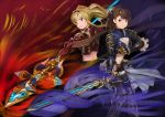  2girls aura back-to-back beatrix_(granblue_fantasy) black_gloves black_skirt blonde_hair boobplate boots braid breastplate breasts brown_hair cleavage cleavage_cutout commentary elbow_gloves eye_contact fighting_stance fingerless_gloves floating_hair gloves granblue_fantasy greaves hair_intakes hairband holding holding_spear holding_sword holding_weapon knee_boots looking_at_another looking_back multiple_girls navel navel_cutout pleated_skirt polearm skirt smile spear standing sword twintails waist_cape wasabi60 weapon wind wind_lift zeta_(granblue_fantasy) 