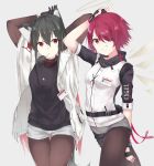  2girls animal_ear_fluff animal_ears arknights bangs black_gloves black_hair black_legwear breasts brown_eyes character_name commentary_request copyright_name exusiai_(arknights) fingerless_gloves gloves grin hair_between_eyes hair_over_one_eye halo highres jacket long_hair long_sleeves looking_at_viewer multiple_girls pantyhose parusu_(ehyfhugj) red_hair short_hair short_shorts shorts small_breasts smile solo texas_(arknights) v white_jacket white_shorts 