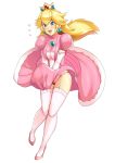  1girl ass_visible_through_thighs bangs blonde_hair blue_eyes brooch crown dress dress_lift earrings elbow_gloves embarrassed eyebrows_visible_through_hair floating_hair flying_sweatdrops full_body furrowed_eyebrows garter_straps gloves hair_between_eyes haruhisky highres jewelry long_dress long_hair mario_(series) open_mouth panties pink_dress pink_footwear pink_gloves pink_legwear princess_peach puffy_short_sleeves puffy_sleeves red_panties shoes short_sleeves sidelocks simple_background smile solo standing super_mario_bros. thigh_gap thighhighs turtleneck turtleneck_dress underwear white_background wind wind_lift 