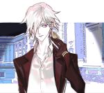  1boy adjusting_earrings blue_eyes bodysuit earrings european_clothes expressionless eyeliner fate/apocrypha fate_(series) formal hair_down highres jewelry karna_(fate) makeup male_focus mchi single_earring solo white_hair 