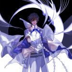  1boy arjuna_(fate/grand_order) black_hair blue_hair brown_hair cape cowboy_shot crescent_moon dark_skin dark_skinned_male fate/grand_order fate_(series) gloves highres male_focus mchi moon multicolored_hair orb outstretched_hand solo standing white_gloves 