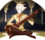  1boy barefoot black_skin closed_eyes eyeliner fate/apocrypha fate_(series) indian_clothes indian_style instrument karna_(fate) makeup male_focus mchi music nail_polish playing_instrument red_nails sitar sitting smile solo white_hair white_skin 