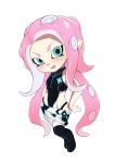  1girl :d absurdres bare_arms bare_shoulders black_legwear black_leotard blue_eyes blush breasts hand_on_hip highres inkling leotard looking_at_viewer medium_breasts nijisanji open_mouth pink_hair short_shorts shorts simple_background smile solo splatoon_(series) splatoon_1 suction_cups tentacle_hair thighhighs v-shaped_eyebrows virtual_youtuber white_background white_shorts yuki_maccha_(yukimattya10) yuuhi_riri 