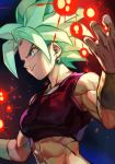  1girl abs arms_at_sides black_background blue_background bracelet breasts crop_top cupping_hands dark_background dragon_ball dragon_ball_super earrings energy_ball eyelashes frown gradient gradient_background green_eyes green_hair grin hands_up hankuri jewelry kefla_(dragon_ball) light_particles looking_away medium_breasts midriff muscle muscular_female potara_earrings shaded_face short_hair simple_background sleeveless smile solo spiked_hair super_saiyan upper_body v-shaped_eyebrows very_short_hair 