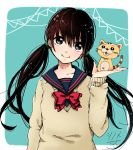  1girl alternate_color alternate_eye_color alternate_hair_color animal arm_at_side bangs beige_sweater black_eyes black_hair blue_background blue_sailor_collar blunt_bangs cat collarbone commentary_request dot_nose hand_up happy head_tilt heart heart_in_eye hito_ten_shinome holding holding_toy kawamoto_hinata long_hair long_sleeves looking_away musical_note neck_ribbon red_ribbon red_sailor_collar ribbon sailor_collar sangatsu_no_lion school_uniform simple_background sleeves_past_wrists smile solo sparkle string_of_flags sweater symbol_in_eye toy twintails uniform upper_body 