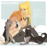  1boy 1girl animal bandaged_arm bandages bangs black_jacket black_pants blonde_hair blue_eyes blue_nails blush braid clock closed_mouth collarbone copyright_name couple dog ear_piercing earrings edward_elric flower from_side full_body fullmetal_alchemist grandialee hair_between_eyes hands_on_another&#039;s_head hetero highres holding_another&#039;s_arm jacket jacket_on_shoulders jewelry long_hair looking_at_viewer mechanical mechanical_arm nail_polish pants piercing pink_flower ponytail simple_background sitting stomach translation_request white_flower winry_rockbell 