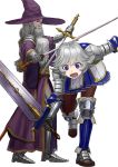 1boy 1girl armor beard blue_eyes blue_skirt brown_legwear character_request cloak facial_hair falling farrah_(granblue_fantasy) fighting_stance full_armor gauntlets granblue_fantasy grey_hair hat holding holding_sword holding_weapon long_hair metal_boots mustache old_man open_mouth pantyhose pleated_skirt purple_cloak purple_headwear short_hair shoulder_armor simple_background skirt spaulders standing standing_on_one_leg sword tripping wasabi60 weapon white_background wizard wizard_hat 