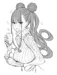  1girl breasts curly_hair double_bun fate/grand_order fate_(series) greyscale honjou_raita large_breasts monochrome murasaki_shikibu_(fate) petals sketch sweater tea turtleneck turtleneck_sweater white_background 