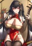  1girl absurdres ahoge azur_lane bangs bare_shoulders black_hair black_legwear blush breasts bridal_gauntlets china_dress chinese_clothes cleavage cleavage_cutout closed_mouth covered_navel crossed_bangs cutout_above_navel dress feather_boa hair_ornament highres holding holding_hair huge_breasts long_hair looking_at_viewer one_side_up peacock_feathers pelvic_curtain pipa_(instrument) red_dress red_eyes sitting smile solo taihou_(azur_lane) taihou_(phoenix&#039;s_spring_song)_(azur_lane) thighhighs wu_ganlan_cai 