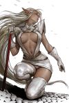  1girl boots breasts breasts_apart circlet dark_elf dark_skin elf gloves highres kyoung_hwan_kim long_hair long_pointy_ears looking_away looking_to_the_side navel one_knee panties pantyshot pirotess pointy_ears record_of_lodoss_war solo sword thigh_boots thighhighs underwear very_long_hair weapon white_hair 