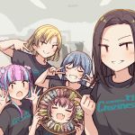  &gt;:) 5girls :d =_= ayasaka bang_dream! bangs black_hair black_shirt blonde_hair blue_hair blunt_bangs chu2_(bang_dream!) clothes_writing commentary double_v english_commentary fang food grin group_picture hair_bobbles hair_ornament hands_up holding holding_tray kohara_riko kurachi_reo layer_(bang_dream!) lock_(bang_dream!) long_hair macaron masking_(bang_dream!) multicolored_hair multiple_girls natsume_(musician) no_bangs open_mouth pareo_(bang_dream!) parted_hair photo-referenced pink_hair pose raise_a_suilen raychell_(musician) red_hair seiyuu_connection shirt short_hair sidelocks skin_fang smile streaked_hair t-shirt thumbs_up tray tsumugi_risa two-tone_hair u_u upper_body v 