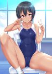  1girl bangs black_hair blue_sky blush breasts cameltoe chair commentary_request competition_swimsuit covered_navel eyebrows_visible_through_hair highleg highleg_swimsuit highres indoors kanabun kneehighs legs licking_lips looking_at_viewer medium_breasts one-piece_swimsuit one-piece_tan original red_eyes shoes short_hair sitting skindentation sky smile socks solo spread_legs sunlight swimsuit tan tanline thighs tongue tongue_out v white_legwear 
