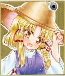  1girl blonde_hair blush brown_eyes eyebrows_visible_through_hair graphite_(medium) hair_between_eyes hair_ribbon hat holding holding_hat long_sleeves looking_at_viewer moriya_suwako nekofish666 open_mouth purple_vest pyonta red_ribbon ribbon shirt short_hair sidelocks solo touhou traditional_media vest white_shirt wide_sleeves 