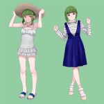  1girl alternate_costume bangs blunt_bangs bob_cut braid eyebrows_visible_through_hair full_body green_background green_hair hat high_heels kantai_collection long_sleeves multiple_views ojipon one-piece_swimsuit sandals shirt short_hair_with_long_locks sidelocks simple_background smile striped striped_shirt striped_swimsuit sun_hat swimsuit takanami_(kantai_collection) 