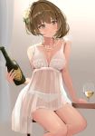  1girl alcohol babydoll bangs bare_shoulders blue_eyes blush bottle breasts brown_hair cleavage collarbone cup drinking_glass flower green_eyes hair_flower hair_ornament heterochromia highres idolmaster idolmaster_cinderella_girls jewelry medium_breasts mole mole_under_eye necklace panties parted_lips pjkka short_hair sitting solo takagaki_kaede thighs underwear white_panties wine wine_bottle wine_glass 