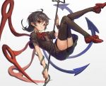 1girl ahoge asymmetrical_wings black_dress black_hair black_legwear bow breasts dress full_body grey_background highres holding holding_weapon houjuu_nue legs_up long_hair looking_at_viewer lying on_back polearm red_bow red_eyes red_footwear red_neckwear shoe_bow shoes short_dress short_sleeves small_breasts smile snake solo thighhighs touhou trident weapon wings wristband yanyan_(shinken_gomi) 