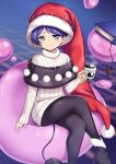  1girl :3 black_footwear black_legwear blue_background blue_eyes blue_hair blurry blurry_background book bookmark closed_mouth crossed_legs cup doremy_sweet dream_soul hat highres holding holding_cup long_sleeves looking_at_viewer nightcap nobori_ranzu pantyhose pom_pom_(clothes) red_headwear shoes short_hair sitting smile solo sweater tail touhou turtleneck turtleneck_sweater white_sweater 