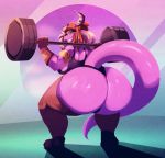  2019 absurd_res anthro bandanna big_butt breasts broken_horn butt cass_(simplifypm) digital_media_(artwork) exercise female hair hi_res horn huge_butt looking_at_viewer non-mammal_breasts pink_body pink_scales riendonut scales scalie smile solo weightlifting workout 