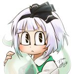  1girl avatar_icon bangs black_bow black_hairband blunt_bangs bob_cut bow chamaji close-up commentary_request eyebrows_visible_through_hair ghost green_vest hairband holding konpaku_youmu konpaku_youmu_(ghost) looking_at_viewer lowres short_hair signature solo touhou vest white_hair 
