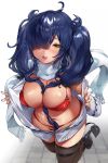  bangs between_breasts bikini blue_hair breasts hair_over_one_eye large_breasts long_hair messy_hair navel ogino_atsuki open_mouth original scarf sweater swimsuit thighhighs twintails yellow_eyes 