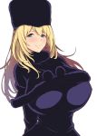  1girl arms_behind_back atago_(kantai_collection) blonde_hair blue_eyes breasts cosplay dress fur_hat fur_trim ginga_tetsudou_999 hat highres huge_breasts kantai_collection kloah maetel maetel_(cosplay) white_background 