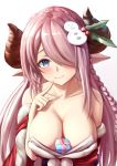  1girl absurdres bare_shoulders between_breasts blue_eyes blush box braid breasts christmas cleavage demon_horns draph eyebrows finger_to_face gift gift_box granblue_fantasy hair_ornament hair_over_one_eye heart heart-shaped_pupils highres horns huge_breasts large_breasts lavender_hair long_hair looking_at_viewer narmaya_(granblue_fantasy) purple_hair simple_background single_braid snowman snowman_hair_ornament solo symbol-shaped_pupils user_rymn2453 very_long_hair white_background 