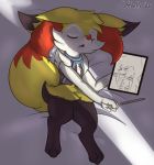  bed braixen cafe_(character) clothing coffeefly eyes_closed fan_character furniture hi_res ipad lycanroc male midnight_lycanroc nintendo pok&eacute;mon pok&eacute;mon_(species) scarf sleeping solo video_games 