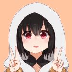 1girl bangs black_hair blush brown_background collarbone double_v eyebrows_visible_through_hair fate/grand_order fate_(series) hair_between_eyes hands_up hood hood_up i.u.y looking_at_viewer open_mouth ortlinde_(fate/grand_order) outline red_eyes short_hair smile solo upper_body v valkyrie_(fate/grand_order) white_outline 