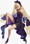  1girl arm_support bare_shoulders blonde_hair brown_eyes dress full_body granblue_fantasy hairband head_tilt helel_ben_shalem invisible_chair leg_up long_hair looking_at_viewer pacifier purple_dress simple_background sitting solo stirrup_legwear toeless_legwear very_long_hair wasabi60 white_background 