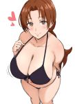  1girl bikini black_bikini blush breasts brown_eyes brown_hair cleavage commentary_request from_above halterneck hanako_(pokemon) heart highres large_breasts long_hair looking_at_viewer mature mhs pokemon ponytail side-tie_bikini simple_background sketch smile solo strap_lift swimsuit white_background 