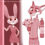  1:1 2020 anthro buckteeth canid canine cheek_tuft clothed clothing disney dress duo facial_tuft flower fox fully_clothed fur hand_on_hip hi_res holding_object inner_ear_fluff judy_hopps lagomorph leporid mammal nick_wilde pink_theme plant qalcove rabbit red_fox smile teeth tuft wine_bottle zootopia 