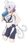  1girl ahoge bike_shorts blush bottle breasts cleavage cropped_legs grey_hair hair_ribbon hand_on_hip large_breasts long_hair looking_at_viewer midriff navel pink_ribbon purple_eyes ribbon senki_zesshou_symphogear solo sports_bra sportswear sweat tsukamoto_kensuke water_bottle yukine_chris 