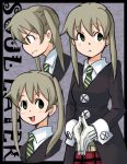  1girl brown_hair closed_mouth gloves graphite_(medium) green_eyes hakkatou long_hair looking_at_viewer maka_albarn necktie school_uniform skirt smile solo soul_eater traditional_media twintails 