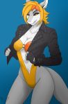  alodiel_carcharias anthro biped black_sclera breasts cleavage clothed clothing deanwolfwood female fish grey_body grey_skin grin hair hi_res jacket leather leather_jacket looking_at_viewer marine multicolored_hair non-mammal_breasts one-piece_swimsuit orange_eyes orange_hair shark simple_background smile smug solo swimwear teeth top_wear topwear two_tone_hair white_belly 