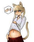  1girl animal_ears blonde_hair blush cat_ears cat_girl colorized donburikazoku green_eyes groin hands long_hair looking_at_viewer maka_albarn navel open_mouth shirt_lift simple_background skirt solo soul_eater speech_bubble tail third-party_source twintails white_background 