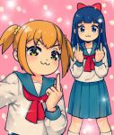  1girl :3 akitannn bangs blue_eyes blush bow double_middle_finger hair_bow hair_ornament hair_scrunchie long_hair looking_at_viewer middle_finger oldschool orange_hair pink_background pipimi pleated_skirt polka_dot polka_dot_background poptepipic popuko red_bow school_uniform scrunchie serafuku skirt smile solo yellow_eyes yellow_scrunchie 