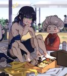  /\/\/\ 1boy 1girl abs aosuki88 armband bare_legs barefoot blanket blue_hair blue_shorts blurry blurry_background blush closed_eyes closed_mouth contemporary crumbs eating eyebrows_visible_through_hair food green_eyes grey_hair gym_uniform hair_between_eyes hashibira_inosuke hisa_(kimetsu_no_yaiba) japanese_clothes kimetsu_no_yaiba kimono looking_at_viewer medium_hair messy_hair obentou obi old_woman omelet onigiri outdoors sandwich sash sausage shirt_removed shirtless shoes_removed shorts sitting smile tempura thermos toned toned_male v 