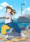  1girl bird blue_eyes blue_pants blue_sky boat brown_hair building city cloud cloudy_sky coffee commentary_request cup denim drawstring full_body highres holding holding_cup hood hood_down jeans jupachi18 long_hair ocean open_mouth original outdoors pants shadow shirt shoes signature sky smile sneakers solo striped striped_shirt thank_you twitter_username water watercraft white_bird white_footwear 