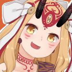  1girl :d bare_shoulders blonde_hair brown_background brown_eyes collarbone earrings facial_mark fate/grand_order fate_(series) forehead_mark horns i.u.y ibaraki_douji_(fate/grand_order) jewelry long_hair looking_at_viewer oni oni_horns open_mouth outline sharp_teeth smile solo teeth upper_body white_outline 