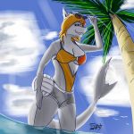  1:1 alodiel_carcharias biped black_sclera breasts cleavage clothed clothing cloud eyewear fish god_rays grey_body grey_skin grin hair hi_res looking_at_viewer low-angle_view marine non-mammal_breasts one-piece_swimsuit orange_eyes orange_hair palm_tree partially_submerged renashin_vixious shark smile smug sport sunglasses swimming_trunks swimwear tree volleyball water 