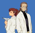  1boy 1girl brown_hair closed_mouth commentary_request female_protagonist_(persona_3) glasses hair_ornament hairclip highres ikutsuki_shuuji ine_(goin) looking_at_viewer persona persona_3 persona_3_portable red_eyes short_hair simple_background smile 