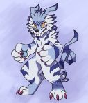  3_toes 4_fingers ambiguous_gender anthro blue_background blue_body blue_fur chipflake_(artist) claws curled_tail digimon digimon_(species) fangs fingers fur garurumon looking_at_viewer markings purple_claws simple_background stripes teeth toe_claws toes yellow_eyes 
