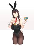  1girl alternate_costume animal_ears arms_up bangs bare_shoulders between_breasts black_hair black_leotard blue_eyes blush breasts brown_legwear bunny_ears bunny_girl bunnysuit candy candy_bar chocolate chocolate_heart closed_mouth collarbone cropped_legs detached_collar eyebrows_visible_through_hair food food_between_breasts glasses groin hairband heart highleg highleg_leotard highres holding kantai_collection leotard long_hair looking_at_viewer necktie one_eye_closed ooyodo_(kantai_collection) pantyhose red_neckwear ribbon semi-rimless_eyewear simple_background small_breasts smile solo strapless strapless_leotard under-rim_eyewear valentine white_background wrist_cuffs yuuji_(and) 