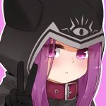  1girl :&lt; animal_ears animal_hood bangs black_gloves blush closed_mouth collar fake_animal_ears fate/grand_order fate_(series) gloves hand_up hood hood_up i.u.y long_hair looking_at_viewer medusa_(lancer)_(fate) outline parted_bangs pink_background purple_eyes purple_hair red_collar rider sidelocks solo upper_body v white_outline 