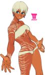  1girl abs bare_shoulders blue_earrings blue_eyes breasts brekkist commentary dark_skin elena_(street_fighter) english_commentary full_body_tattoo highres lips lowleg lowleg_panties medium_breasts navel outstretched_arms panties redesign short_hair solo strapless street_fighter street_fighter_iii_(series) tattoo toned tribal_tattoo tubetop underboob underwear very_dark_skin white_background white_hair white_panties white_tubetop 