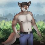 anthro belt black_hair bottomwear canid canine canis city clothed clothing denim denim_bottomwear denim_clothing fur hair hi_res iberian_wolf jeans leaf looking_at_viewer male mammal multicolored_body multicolored_fur nipples oneflymagpie outside pants portrait shirtless sky skyline smile solo standing teeth three-quarter_portrait topless two_tone_body two_tone_fur wolf