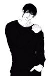  1boy collarbone cowboy_shot fushiguro_touji greyscale hand_in_pocket highres jujutsu_kaisen looking_at_viewer male_focus monochrome pants scar scar_on_face short_hair solo sso_s standing sweater white_background 